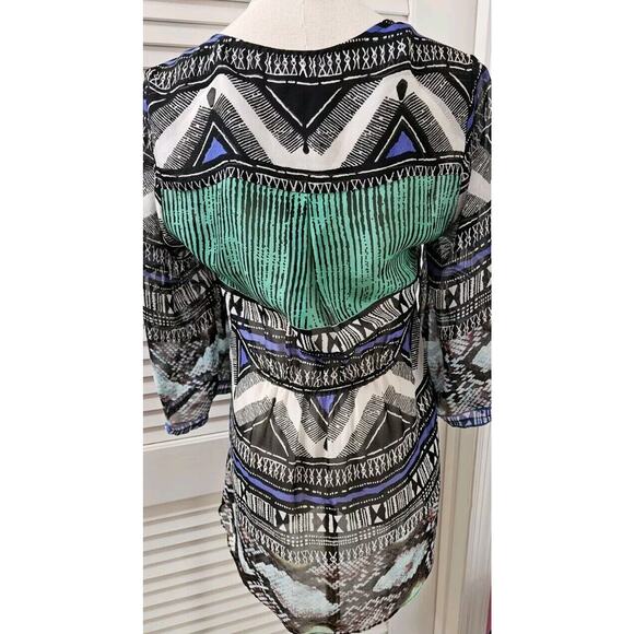 Hale Bob Blue Green Geometric, Sheer 100% Silk Tunic Top, Size Small 4 6‎ - Picture 3 of 4